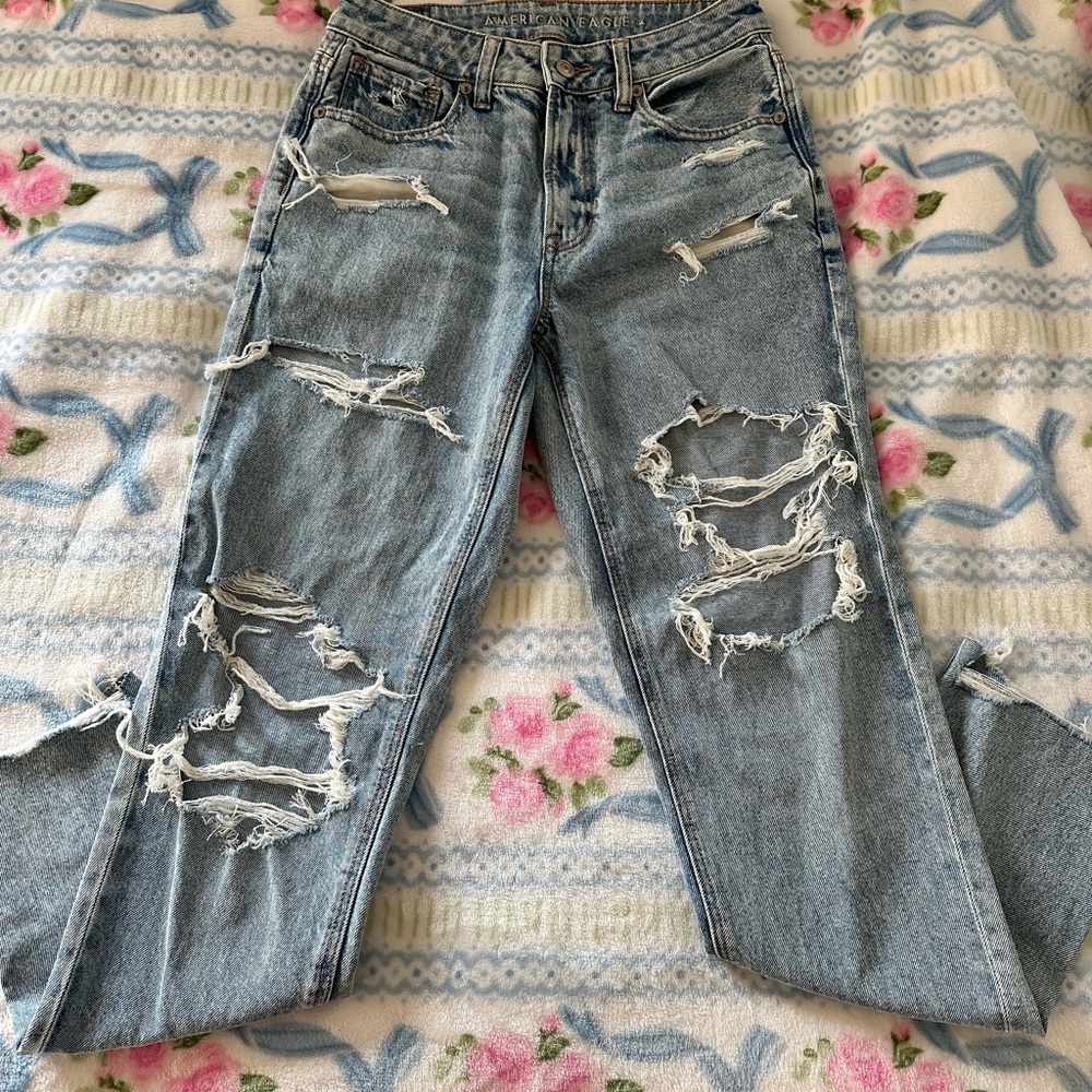 American Eagle Outfitters Blue Straight Leg Jeans with Distressed Details